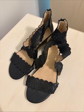 XOXO Black Scalloped Laser-Cut Zip Back Sandals